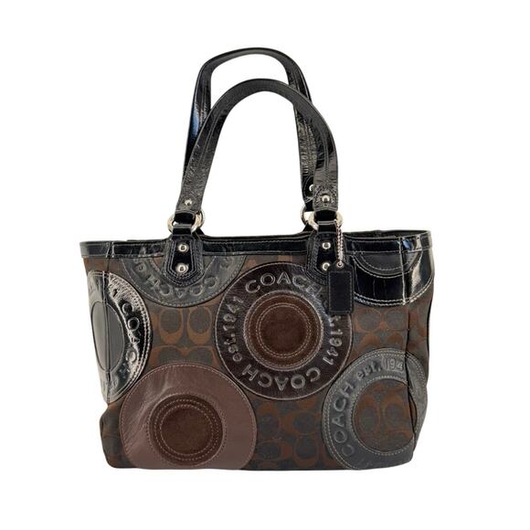 Rare Y2K Coach Circle Patchwork Tote F15466 Brown Black Leather Shoulder Bag - Picture 1 of 13
